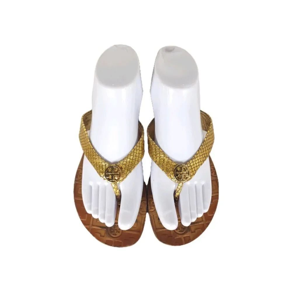 Tory Burch Women's Thora US9M Gold Leather Flat Thong Flip Flops Sandals Shoes